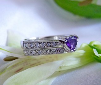 white gold diamond amethyst wedding ring set rhodium plated