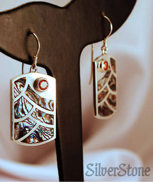 Paua shell earrings with orange gemstone