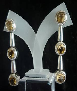 Extra long 3 stone golden topaz silver earrings