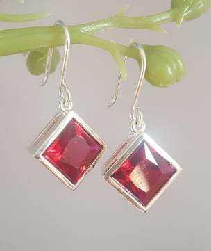 Sparkling red, princess cut synthetic ruby earrings