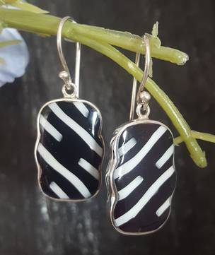 Black and white rectangle silver earrings