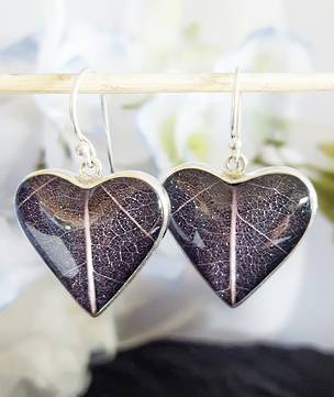 Purple skeleton leaf silver earrings - heart shaped