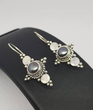 Long hook silver blue grey pearl earrings