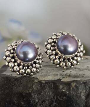 Blue/gray pearl earrings, sterling silver