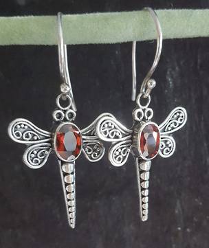 Silver dragonfly earrings with garnet