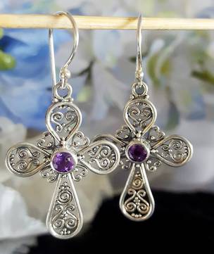 Silver Amethyst Earrings | Filigree silver crosses