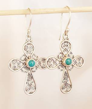 Sterling silver filigree turquoise cross earrings