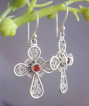 Silver filigree cross earrings with garnet