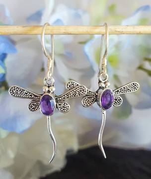 Silver amethyst dragonfly earrings