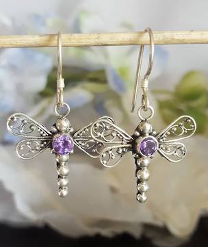 Silver amethyst dragonfly earrings