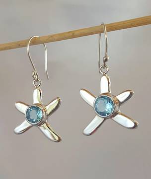 Silver blue topaz starfish earrings