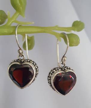 Sterling silver heart shape garnet earrings