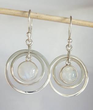 Silver cirlces with dangling moonstone earrings