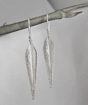 Long delicate sterling silver feathered leaf earrings