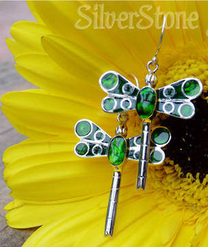 Luminous dyed green paua dragonfly earrings