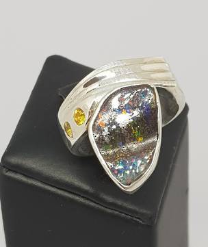 Boulder opal and natural yellow sapphire silver ring