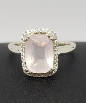 Romantic cushion cut rose quartz and cz silver ring