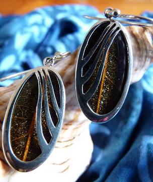 Brown skeleton leaf silver earrings