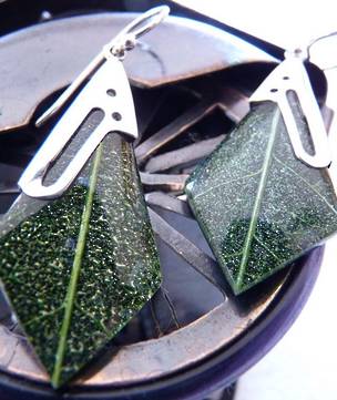 Green skeleton leaf silver earrings