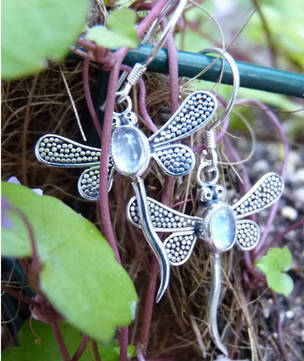 Silver moonstone dragonfly earrings